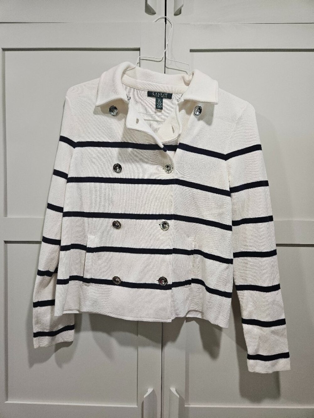 Lauren Ralph Lauren Nautical Cream & Navy Button-Front Cardigan Jacket (Size M)